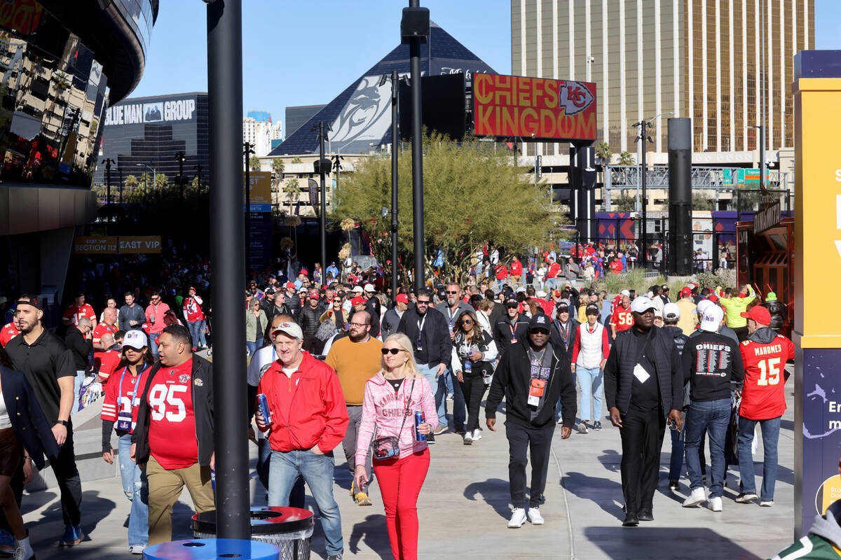 49ers and Chiefs fans arrive at Allegiant Stadium in Las Vegas before their teams complete in t ...