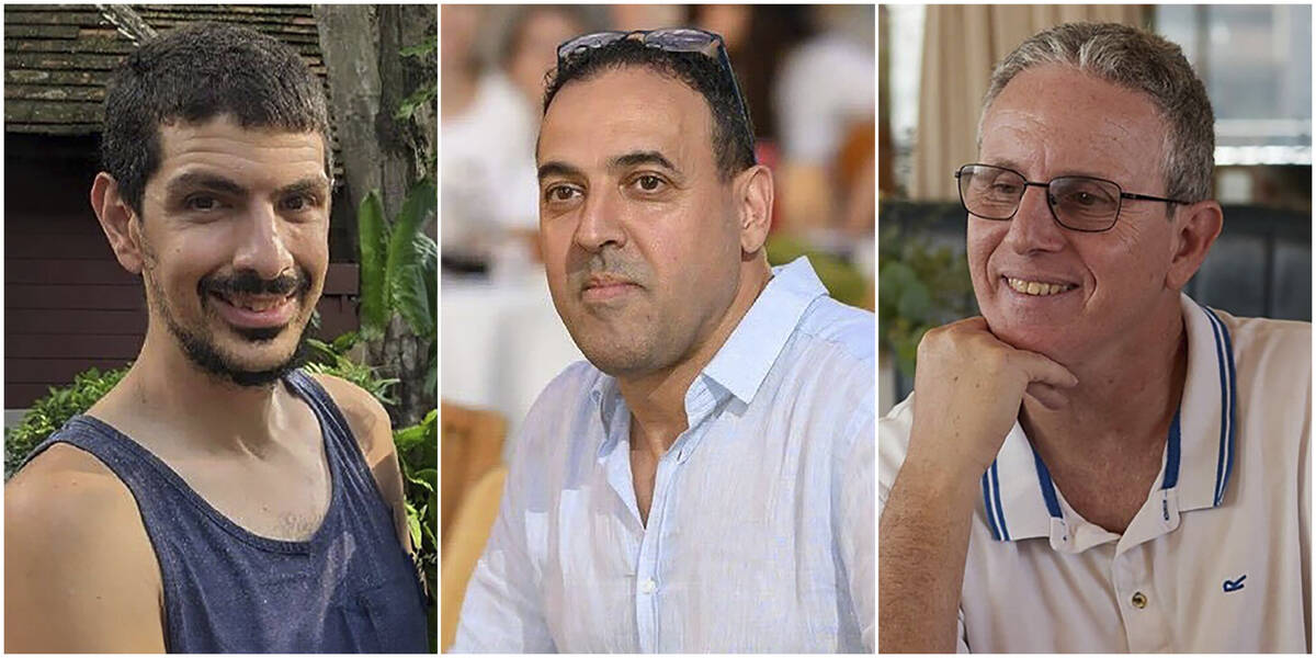 This combination of undated photos provided by Hostages Family Forum show Or Levy, Eli Sharabi ...