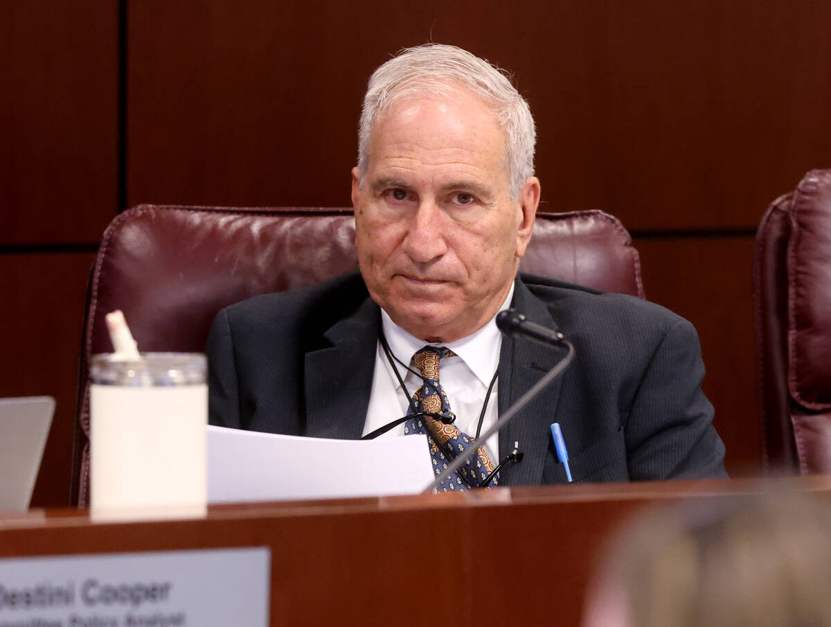 Sen. Jeff Stone, R-Henderson, listens to a speaker during a Senate Revenue and Economic Develop ...