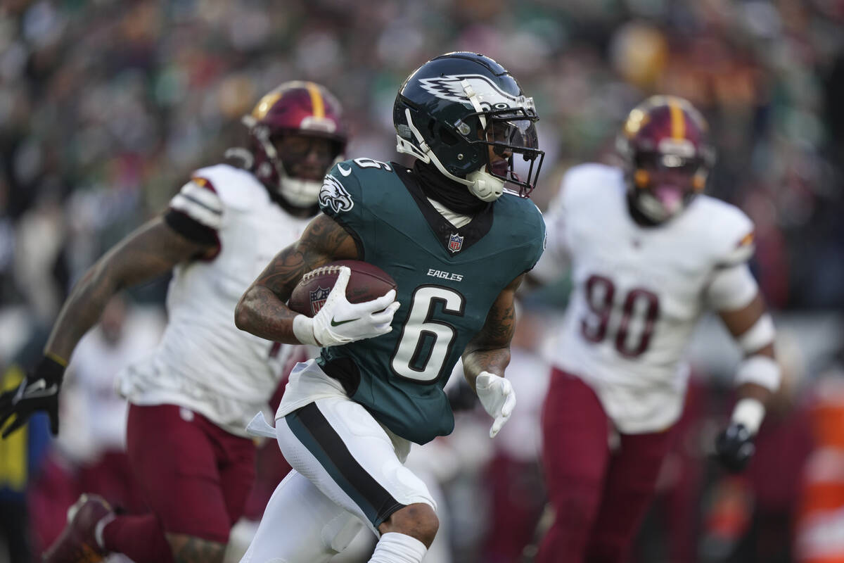 Philadelphia Eagles' DeVonta Smith plays during the NFC Championship NFL football game between ...