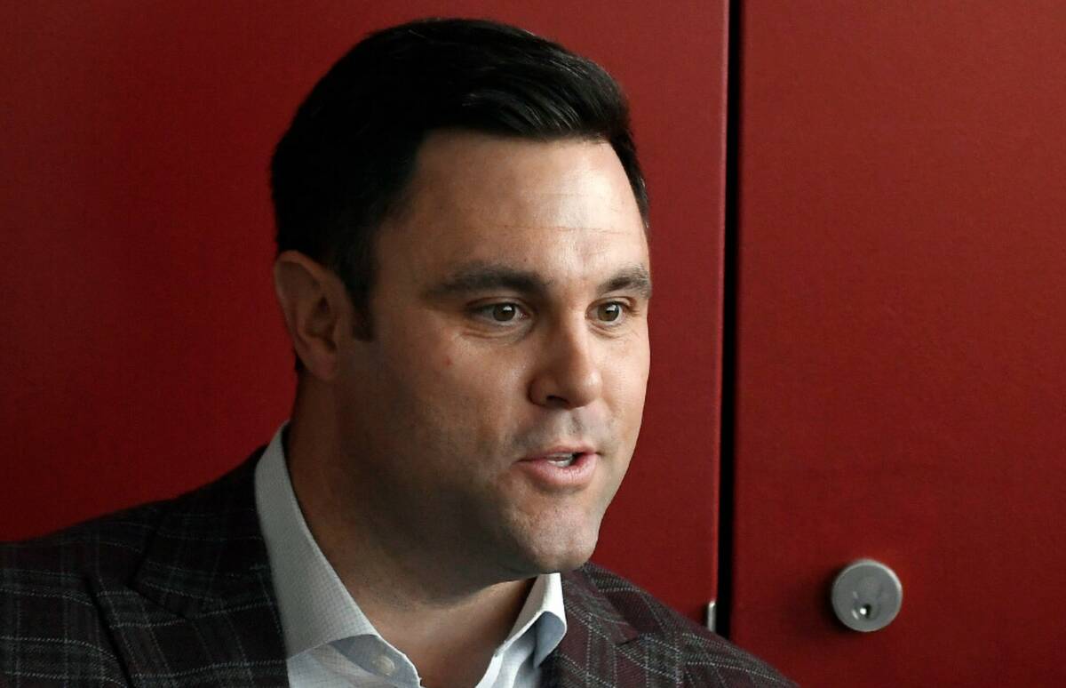 Massachusetts athletic director Ryan Bamford speaks with the media in October 2019 in Amherst, ...
