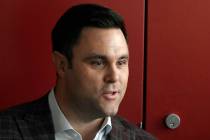 Massachusetts athletic director Ryan Bamford speaks with the media in October 2019 in Amherst, ...