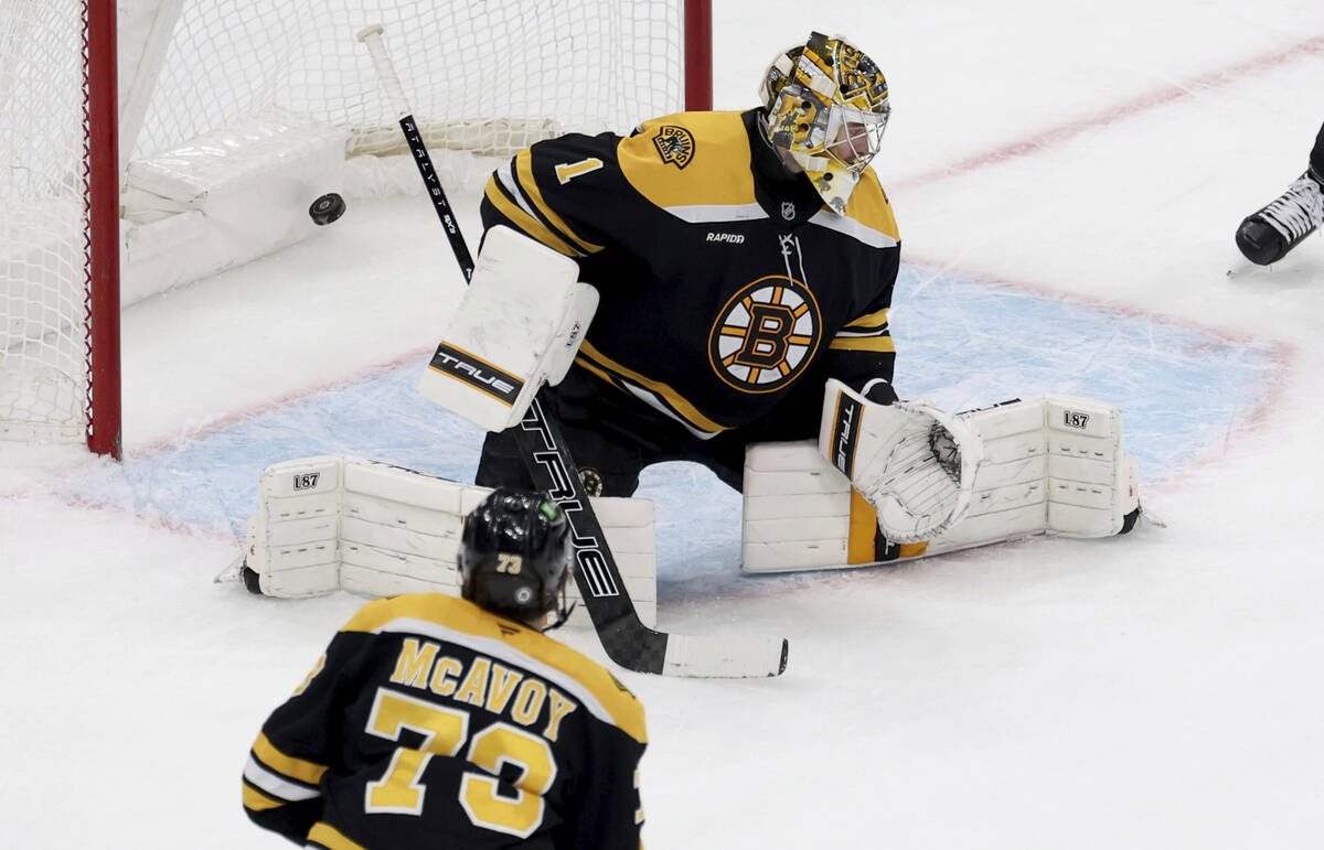 Boston Bruins goaltender Jeremy Swayman (1) missed the block on the winning goal made Vegas Gol ...