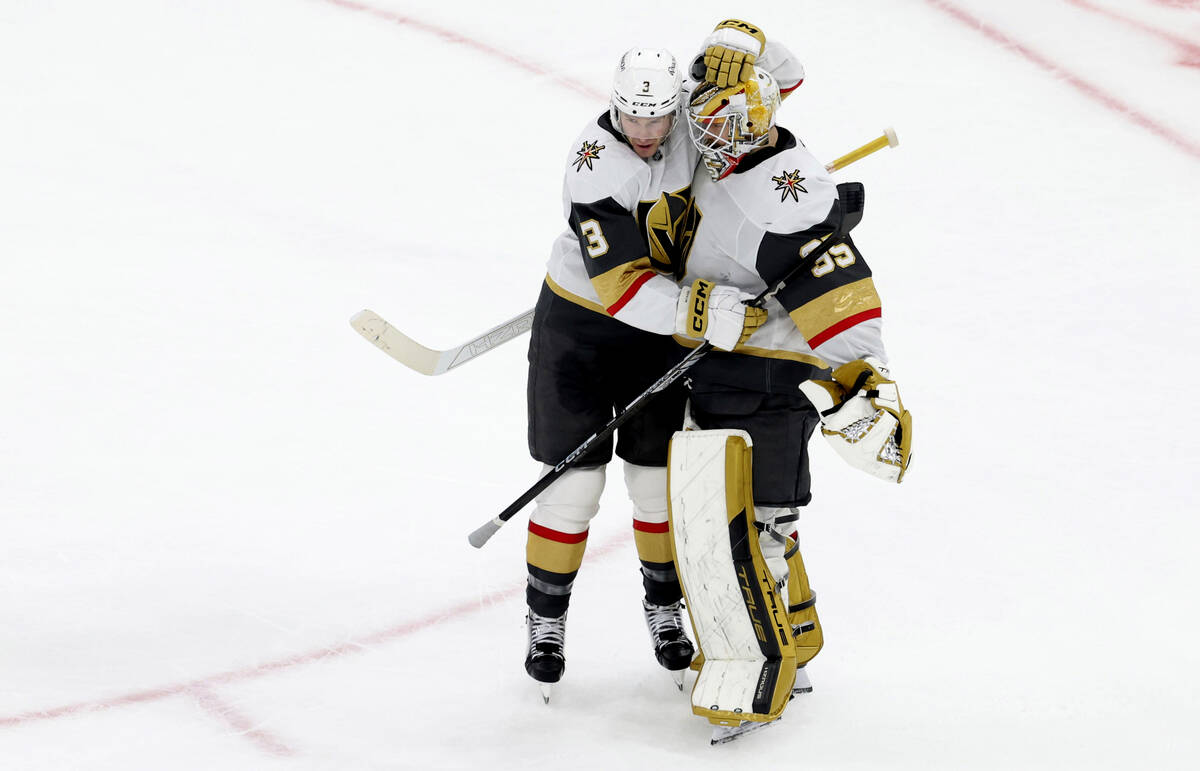 Vegas Golden Knights defenseman Brayden McNabb (3) and Vegas Golden Knights goaltender Ilya Sam ...