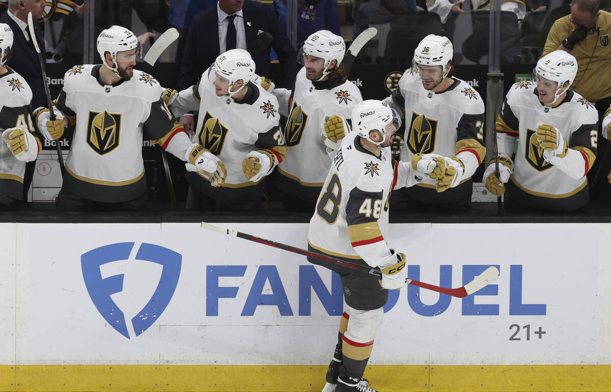 Vegas Golden Knights center Tomas Hertl (48) celebrates with his teammates after making the win ...