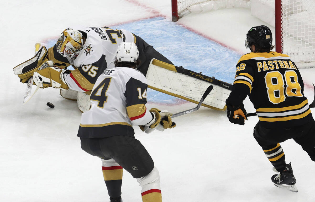 Vegas Golden Knights goaltender Ilya Samsonov (35) stops the puck in front of Vegas Golden Knig ...
