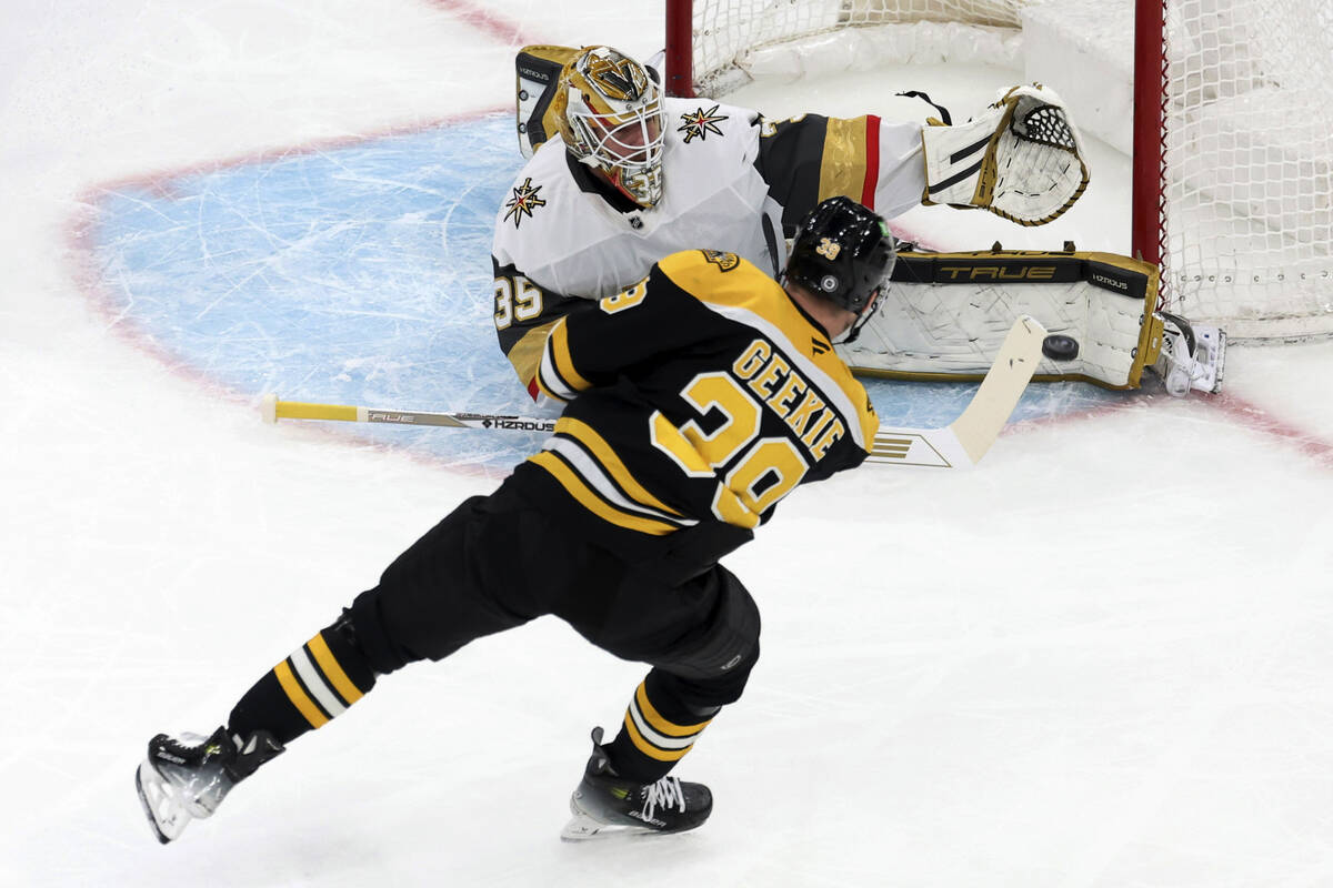 Vegas Golden Knights goaltender Ilya Samsonov (35) blocks the puck on a goal attempt by Boston ...