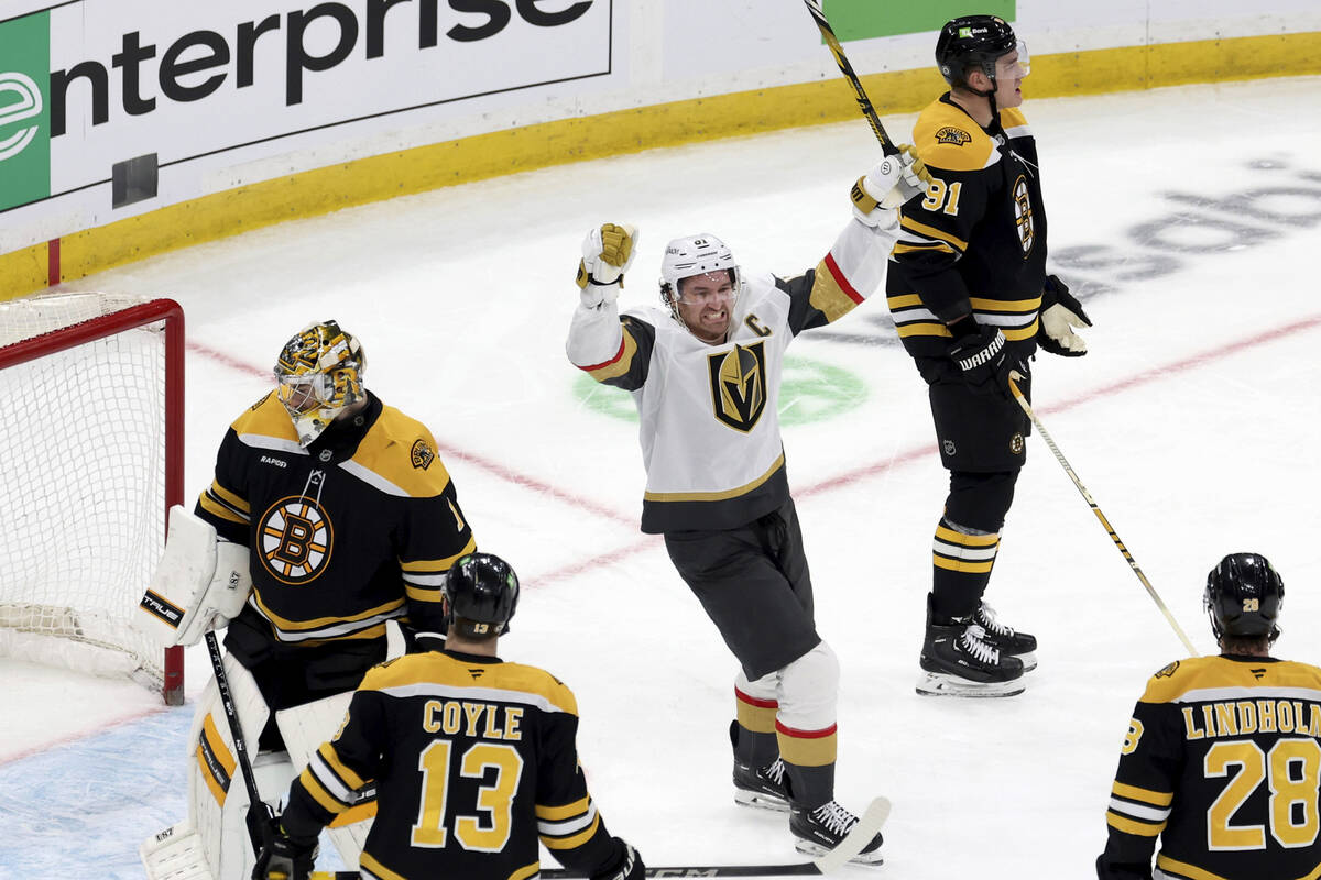 Vegas Golden Knights right wing Mark Stone (61) reacts after the winning goal was made by teamm ...