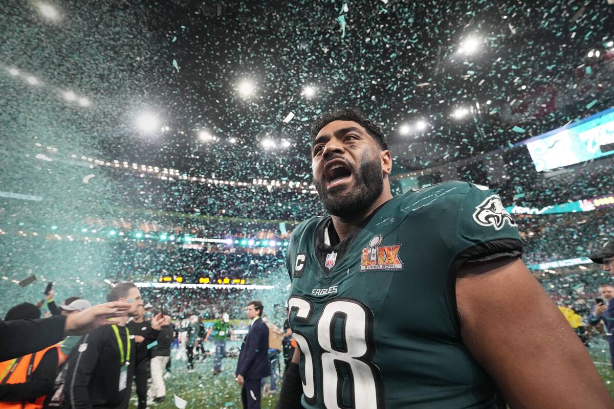 Philadelphia Eagles tackle Jordan Mailata celebrates after defeating the Kansas City Chiefs in ...