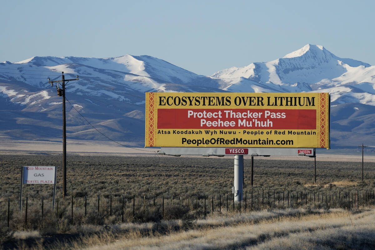 A billboard reads "Protect Thacker Pass" near the Fort McDermitt Paiute-Shoshone Indian Reserva ...