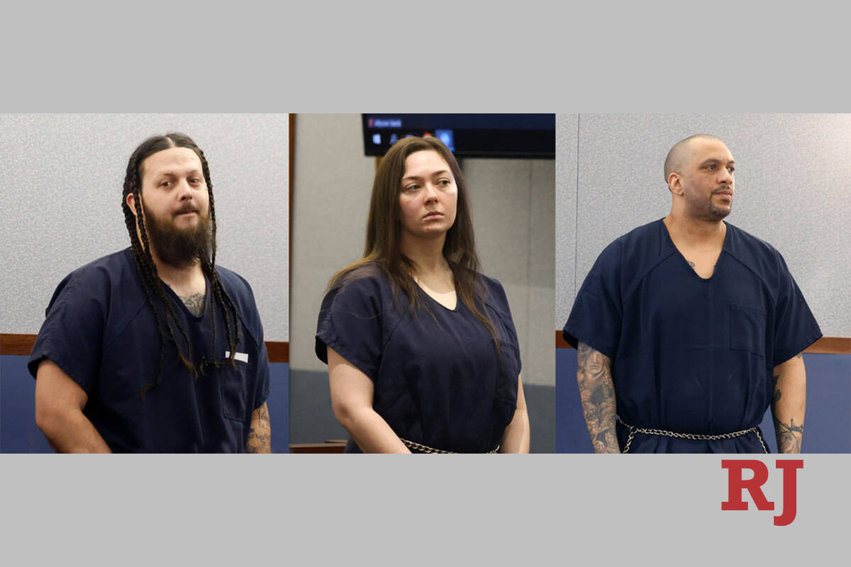 Christian Scarlett, left, Savannah Schmitt and Stephen Smith, right, appear in court during a h ...