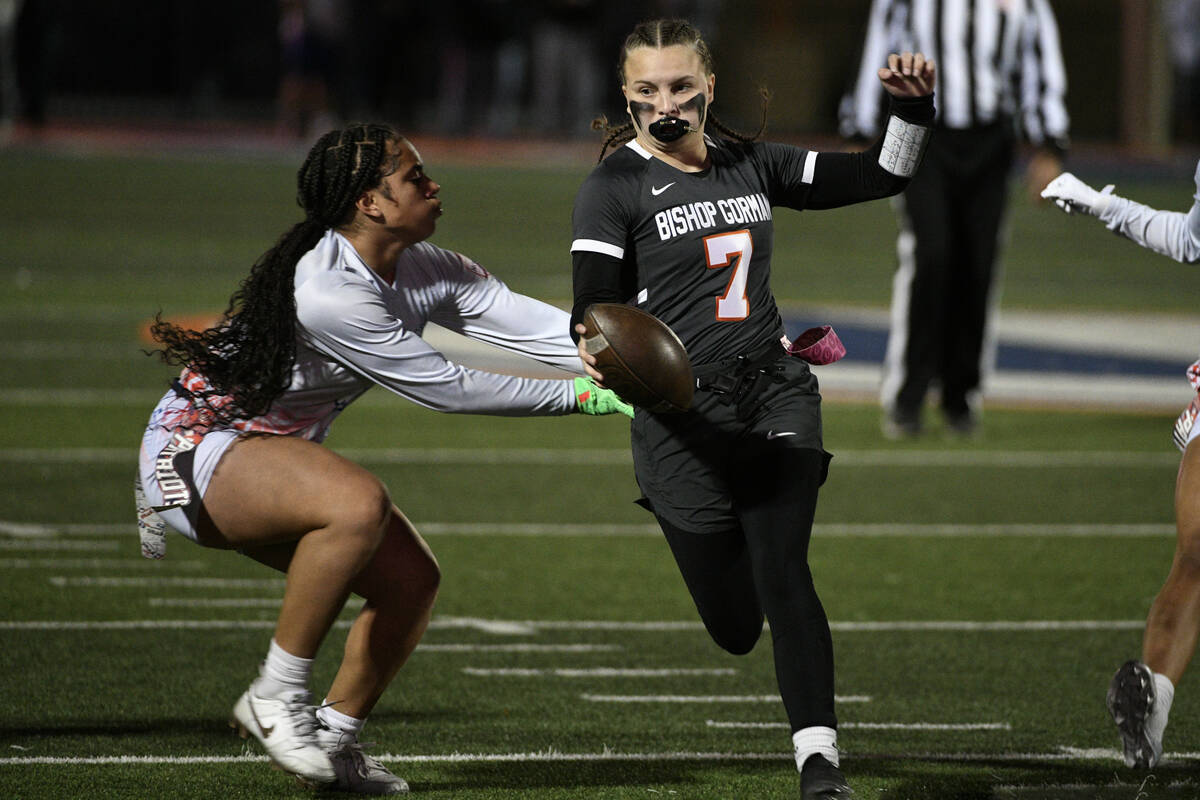 Liberty linebacker Ki'lolo Westerlund tackles Bishop Gorman’s Avery Reed during the 5A flag f ...