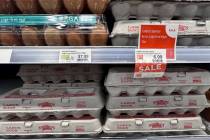 Egg cartons for sale are displayed at a grocery store, Friday, Feb. 7, 2025 in Grosse Pointe, M ...