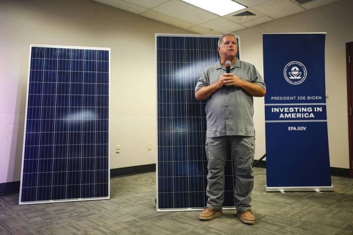 Guy Snow, a board member for the nonprofit Nevada Clean Energy Fund, addresses the crowd in fro ...