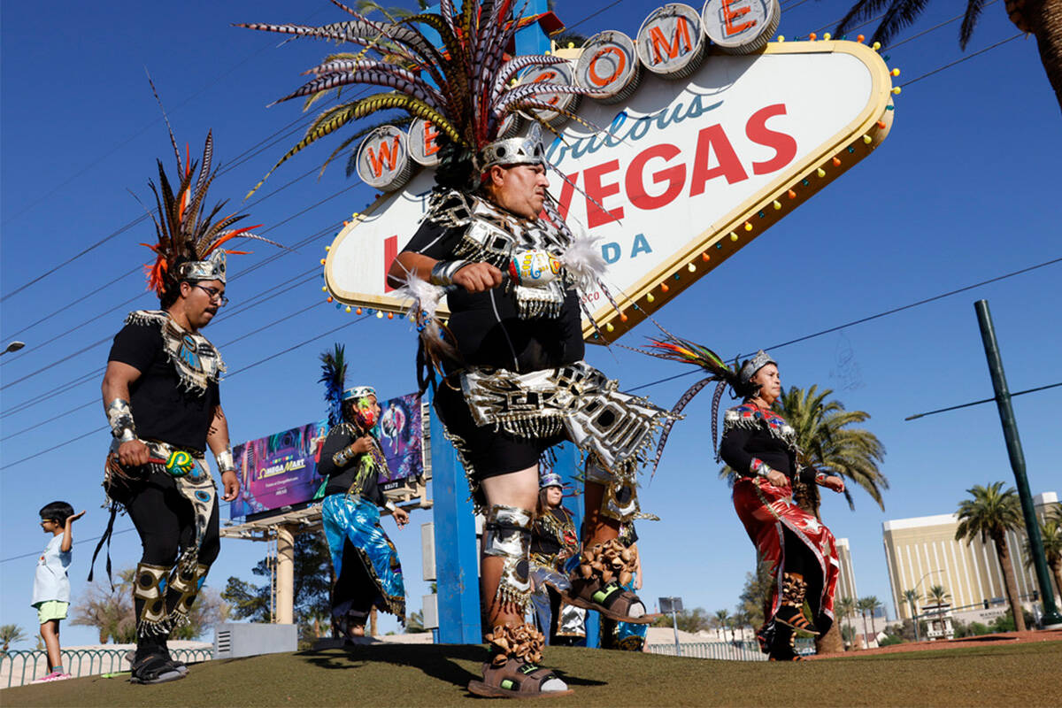 Members of the Danza Tonantzi Guadalupana Las Vegas dance group perform during Indigenous Peopl ...