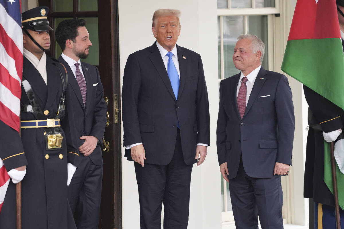 President Donald Trump greets Jordan's King Abdullah II, right, and Crown Prince Hussein at the ...