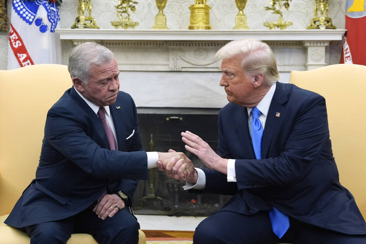 President Donald Trump greets Jordan's King Abdullah II in the Oval Office at the White House, ...