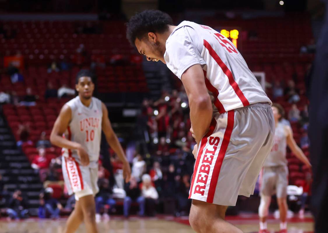 UNLV forward Jeremiah Cherry reacts after drawing a foul during the second half of a basketball ...