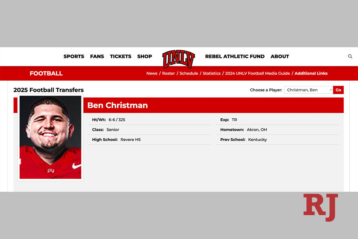 UNLV football play Ben Christman, 21, is seen in a screenshot from the UNLV Athletics website. ...