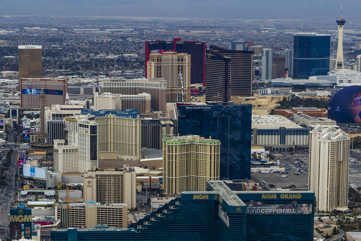 Resorts along the Las Vegas Strip are seen on Friday, Feb. 9, 2024. (L.E. Baskow/Las Vegas Revi ...