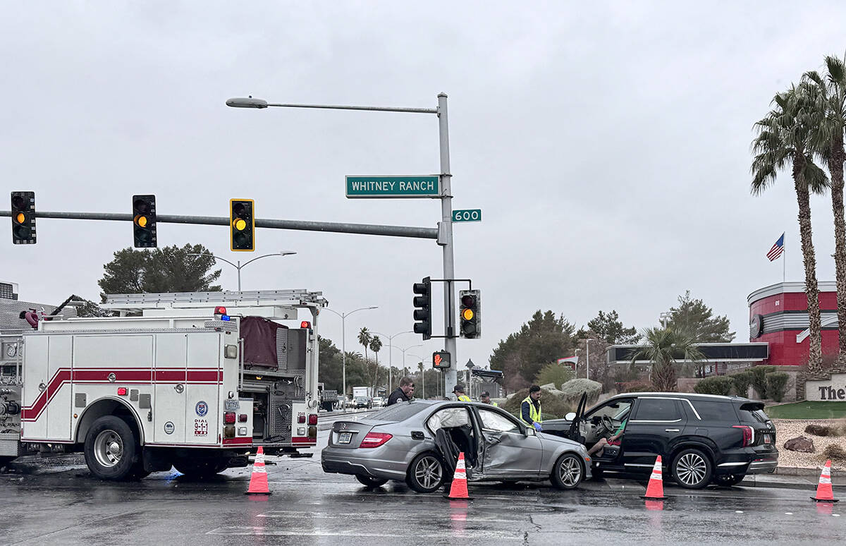 A crash is seen near the intersection of Whitney Ranch Dr. and Sunset Rd. in Henderson on the m ...
