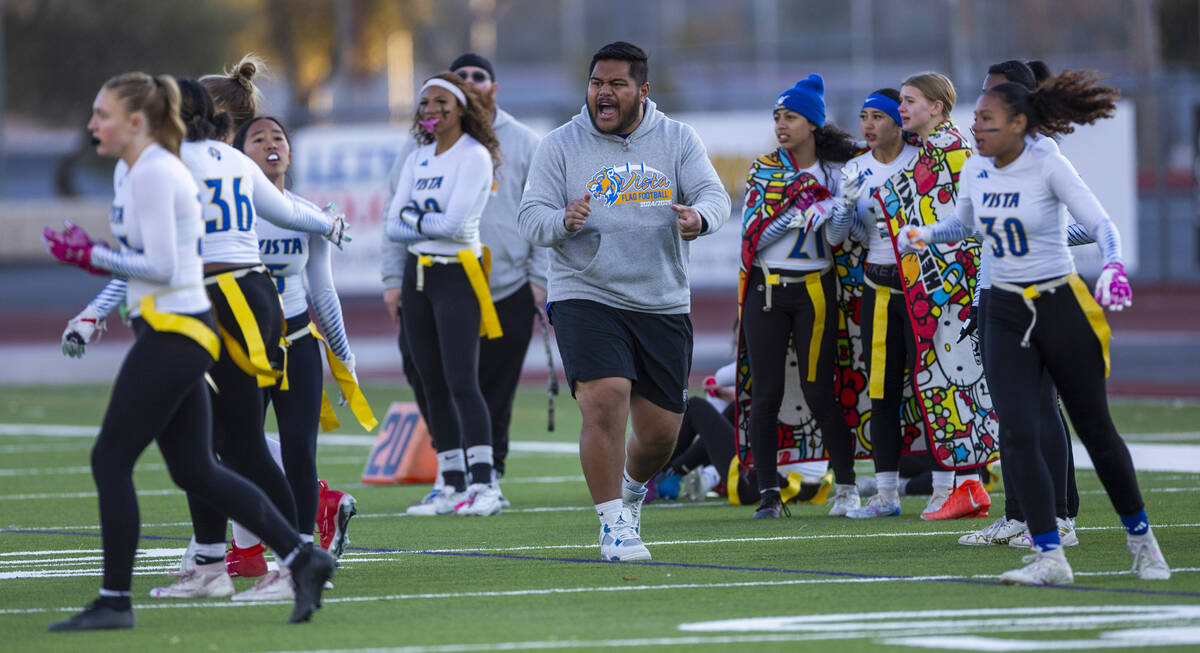 Sierra Vista players and coaches celebrate another stop over Coronado during the first half of ...