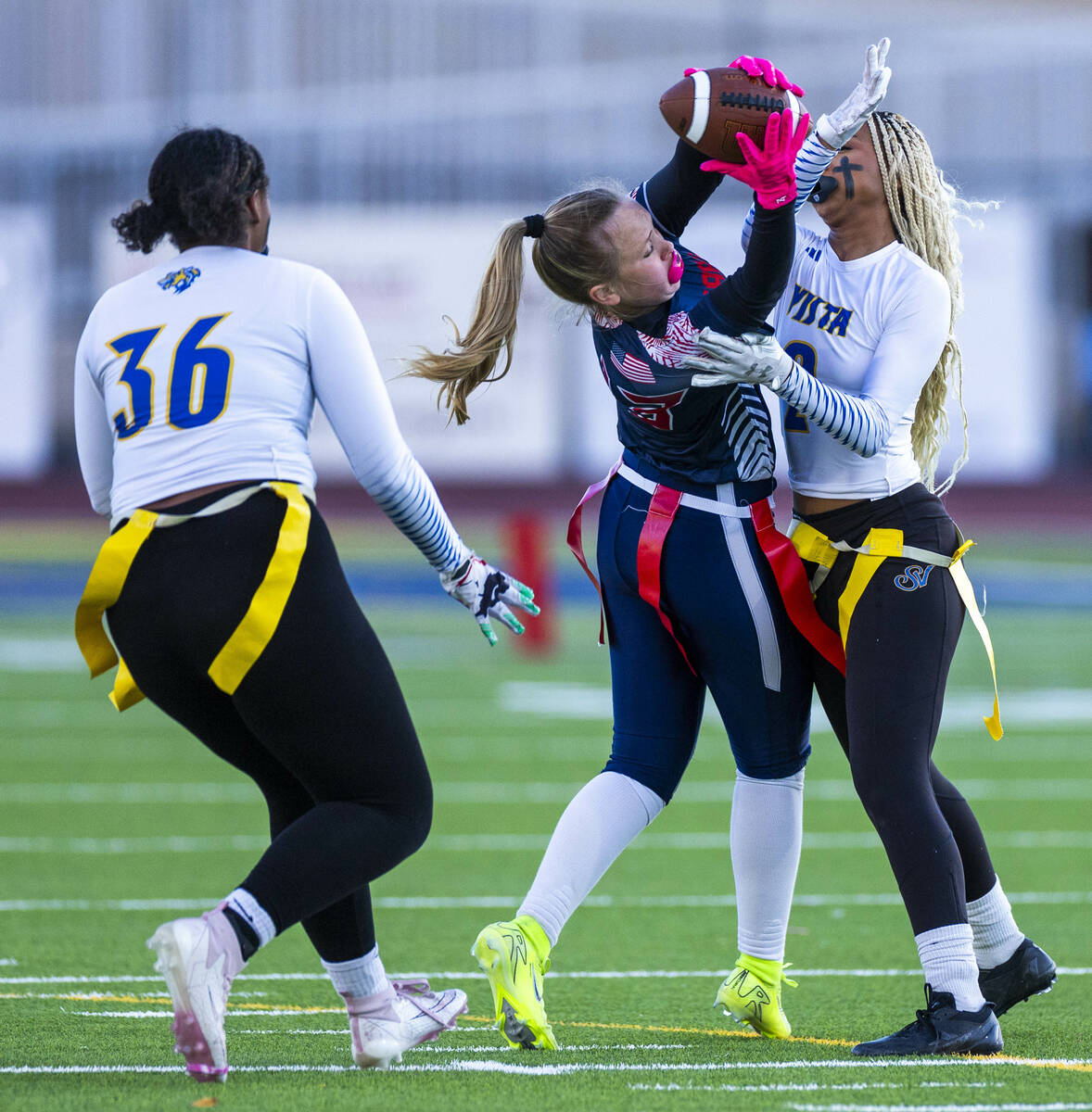 Coronado receiver Micah Weiss (13) makes a grab against Sierra Vista defender Ny'ema Tippens ( ...