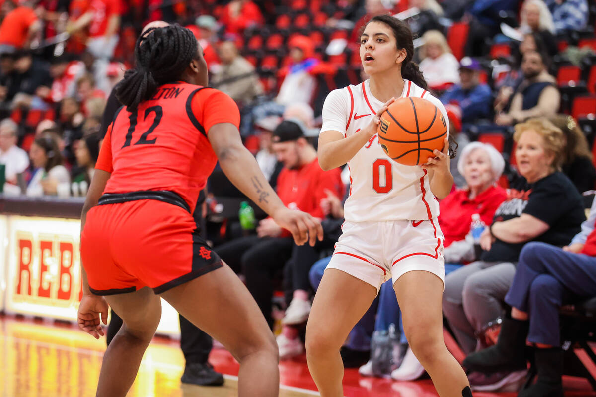 Lady Rebels guard Teagan Colvin (0) eyes an open teammate during a women’s basketball ga ...