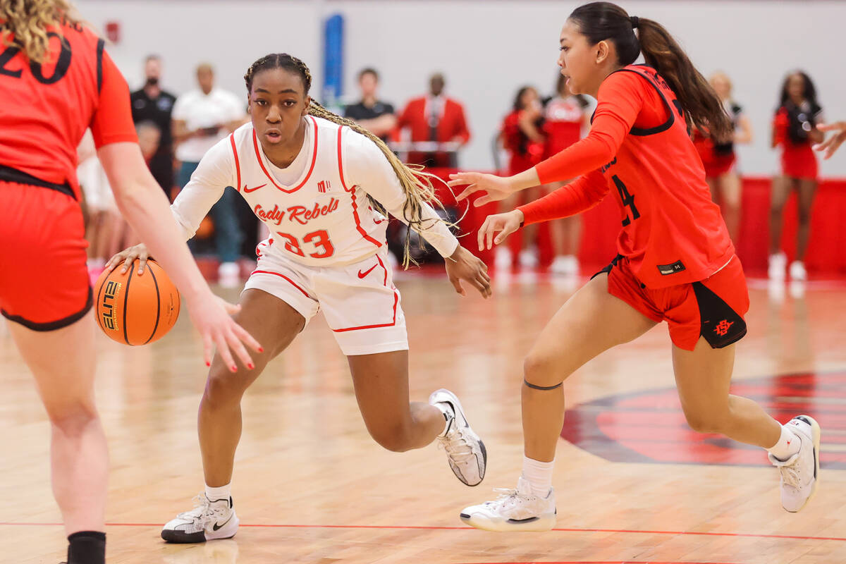 Lady Rebels guard Amarachi Kimpson (33) dribbles the ball during a women’s basketball ga ...