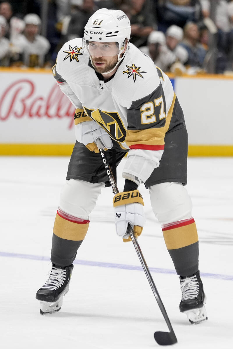 Vegas Golden Knights defenseman Shea Theodore (27) plays during the third period of an NHL hock ...