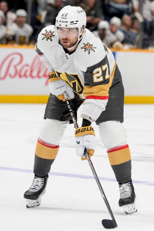 Vegas Golden Knights defenseman Shea Theodore (27) plays during the third period of an NHL hock ...
