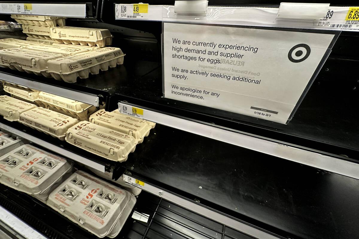 A sign is mounted on a shelve of eggs at a grocery store in Chicago, Saturday, Feb. 8, 2025. (A ...