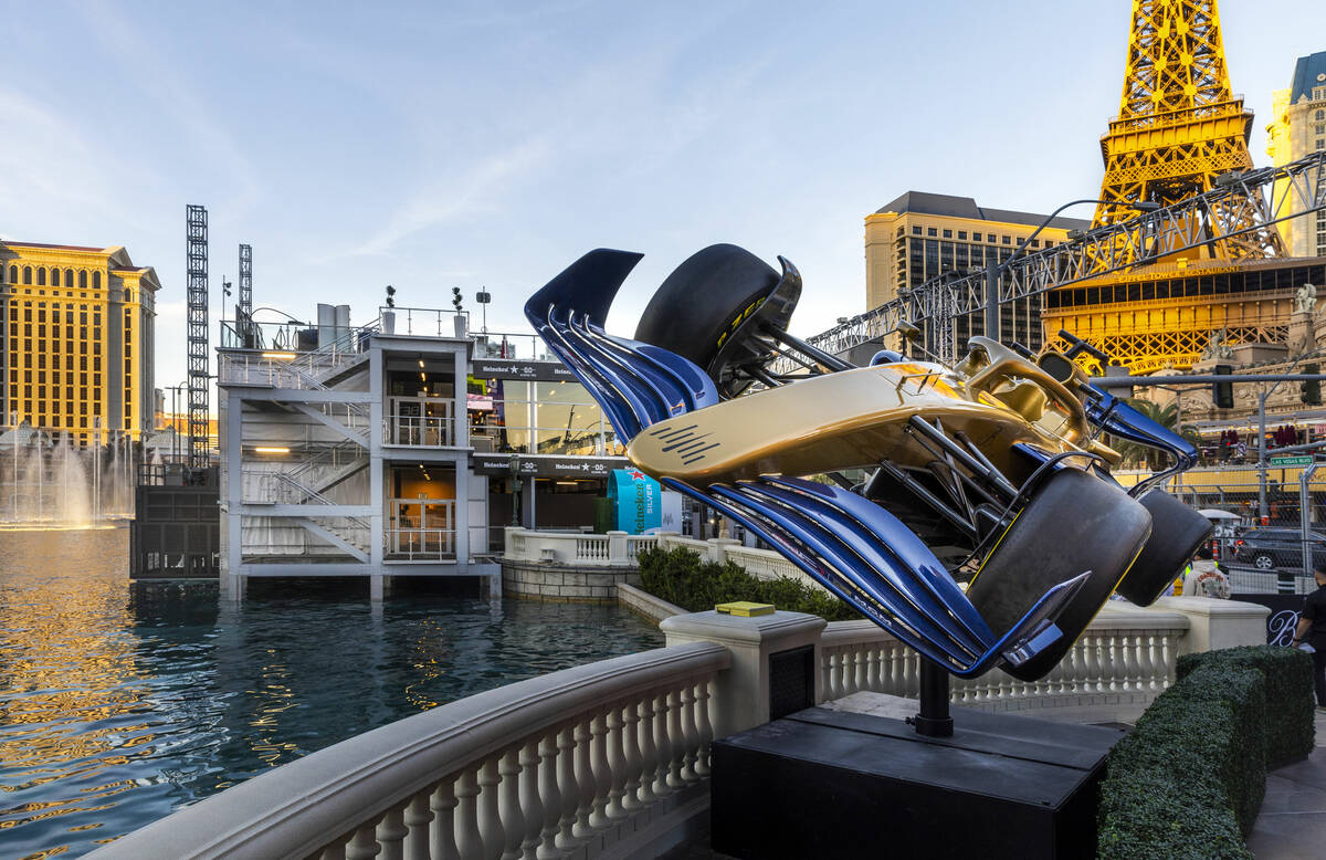 The MGM Formula One car is on display outside the Bellagio Fountain Club in preparation for the ...