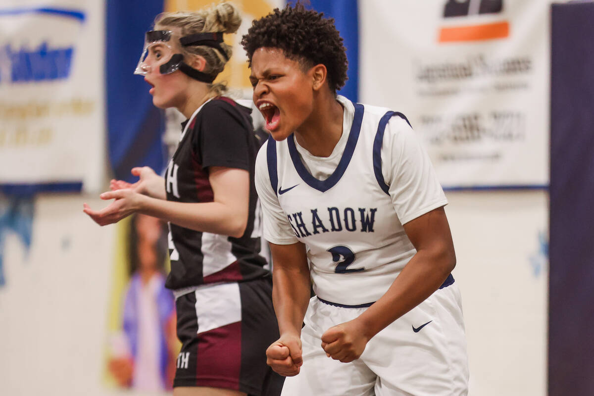 Shadow Ridge shooting guard Avery Freeman (2) celebrates drawing a foul during a 5A girls state ...