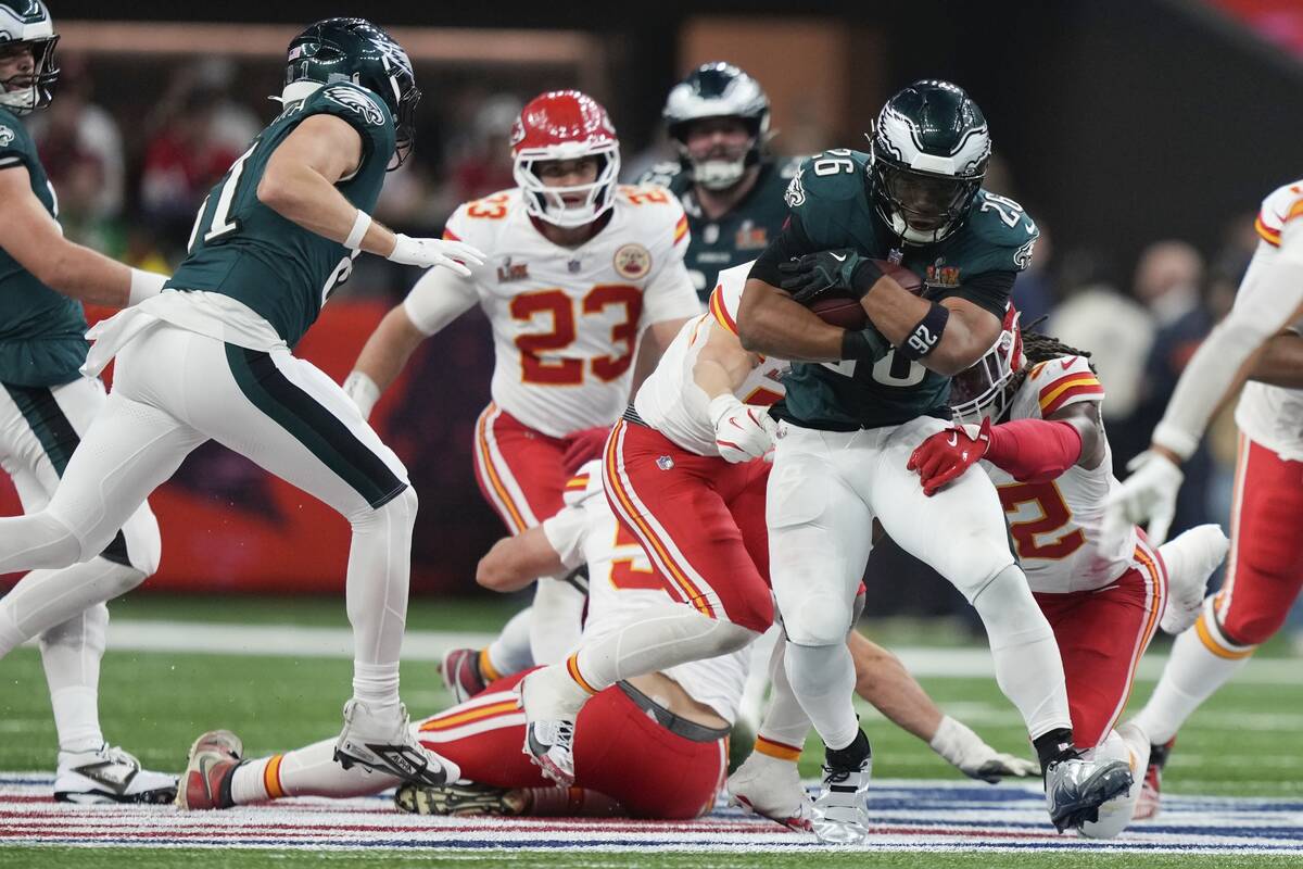 Philadelphia Eagles running back Saquon Barkley (26) runs during the second half of the NFL Sup ...