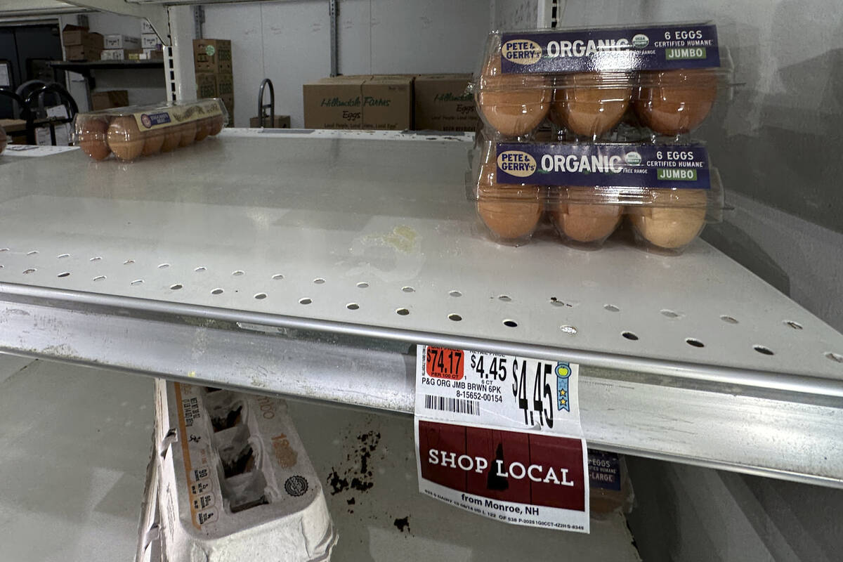 Eggs sit for sale on a shelf at grocery store, Monday, Jan. 27, 2025, in Windham, Maine. (AP Ph ...