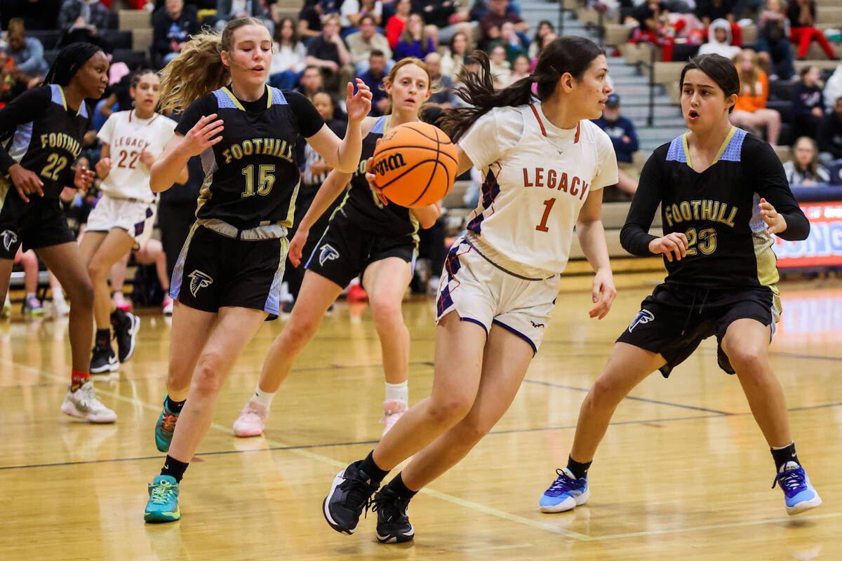 Legacy’s Alabama Nieves (1) dribbles the ball during the 4a girls basketball southern re ...