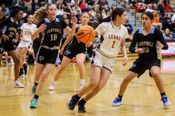 Legacy’s Alabama Nieves (1) dribbles the ball during the 4a girls basketball southern re ...
