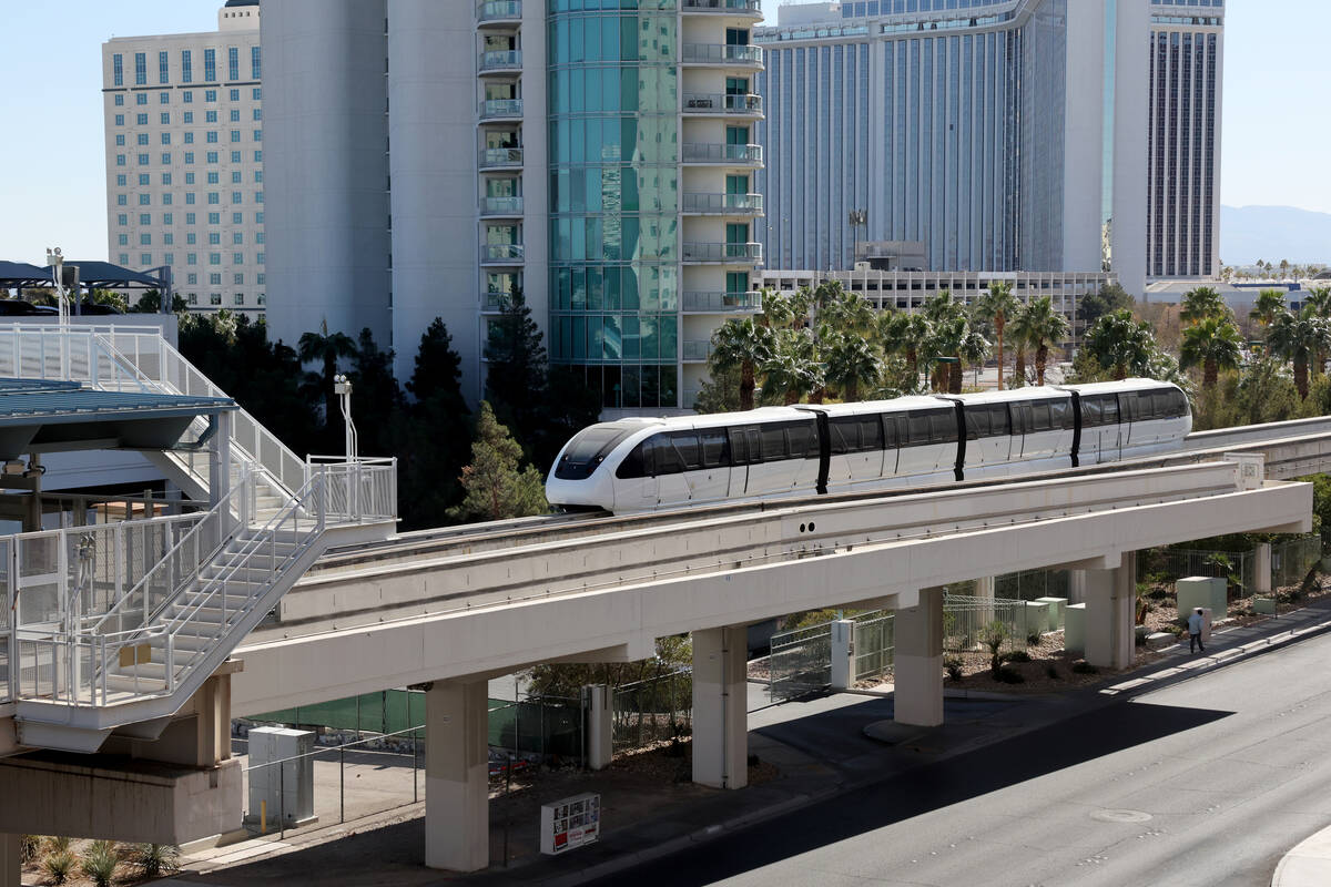 A Las Vegas Monorail train pulls into the Sahara station in Las Vegas Tuesday, Feb. 11, 2025. ( ...