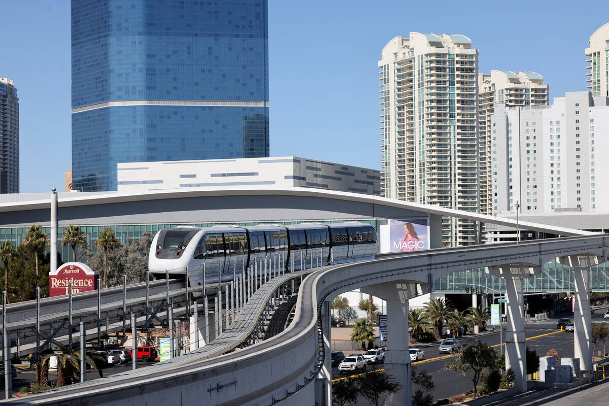A Las Vegas Monorail train pulls into the Las Vegas Convention Center station Tuesday, Feb. 11, ...