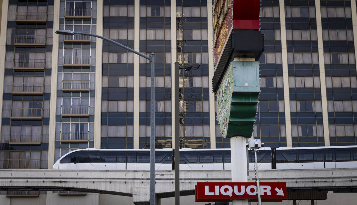 A Las Vegas Monorail train heads southbound from the Flamingo & Caesars Palace station on S ...