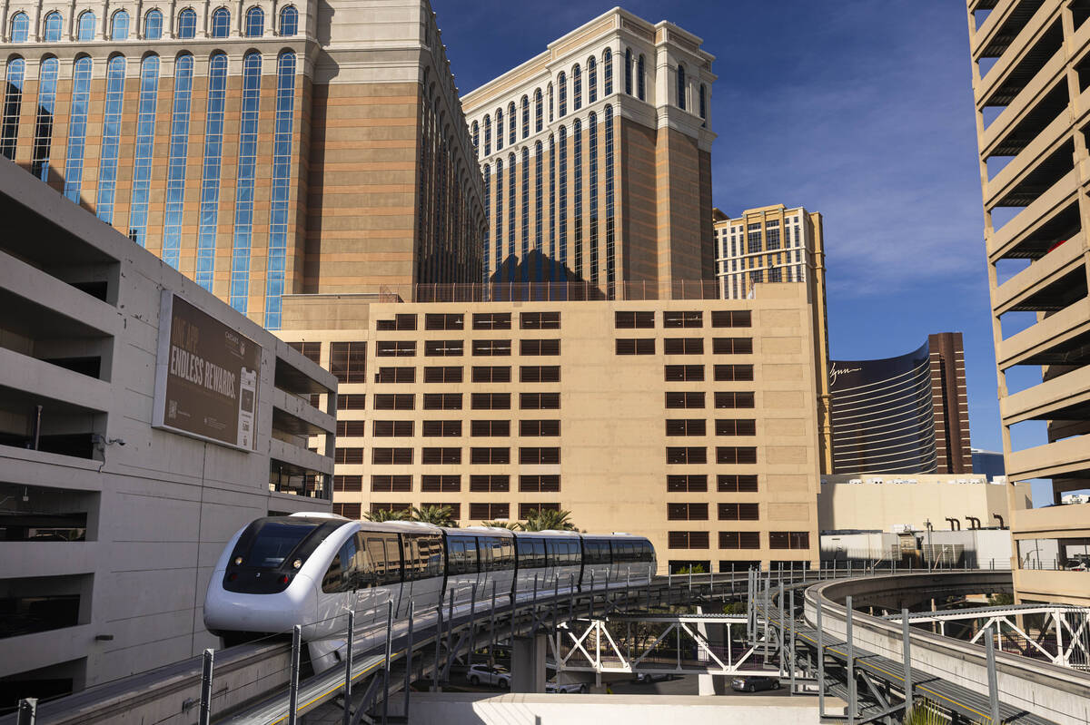 A Las Vegas Monorail train arrives at the Harrah’s & The Linq station by on Sunday, ...