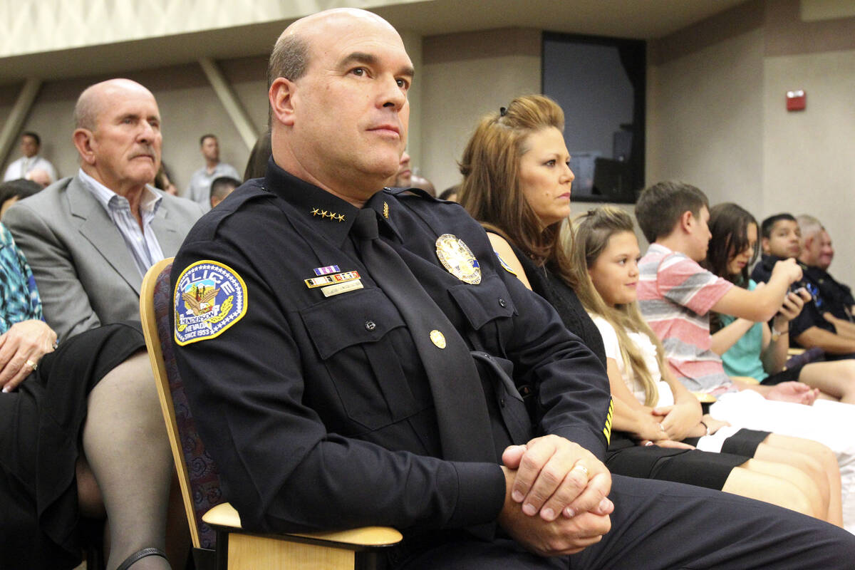 New Henderson Police Chief Patrick Moers listens during a special City Council meeting at City ...