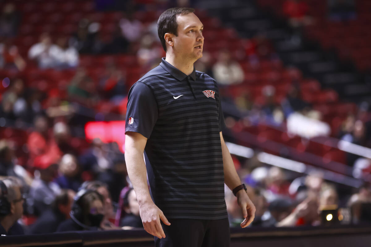 UNLV head coach Kevin Kruger looks on during the first half of a basketball game against Air Fo ...