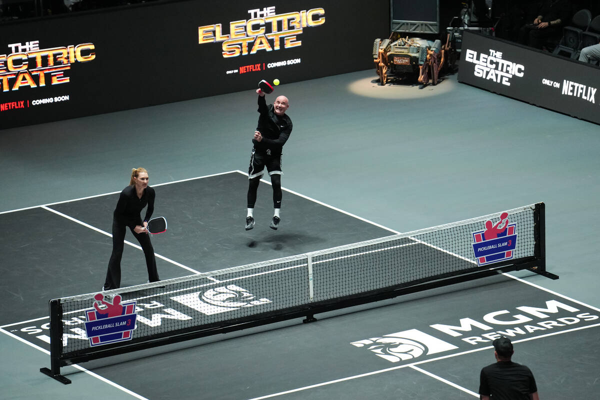 Andre Agassi and Steffi Graf play Andy Roddick and Genie Bouchard in Pickleball Slam 3 at Miche ...