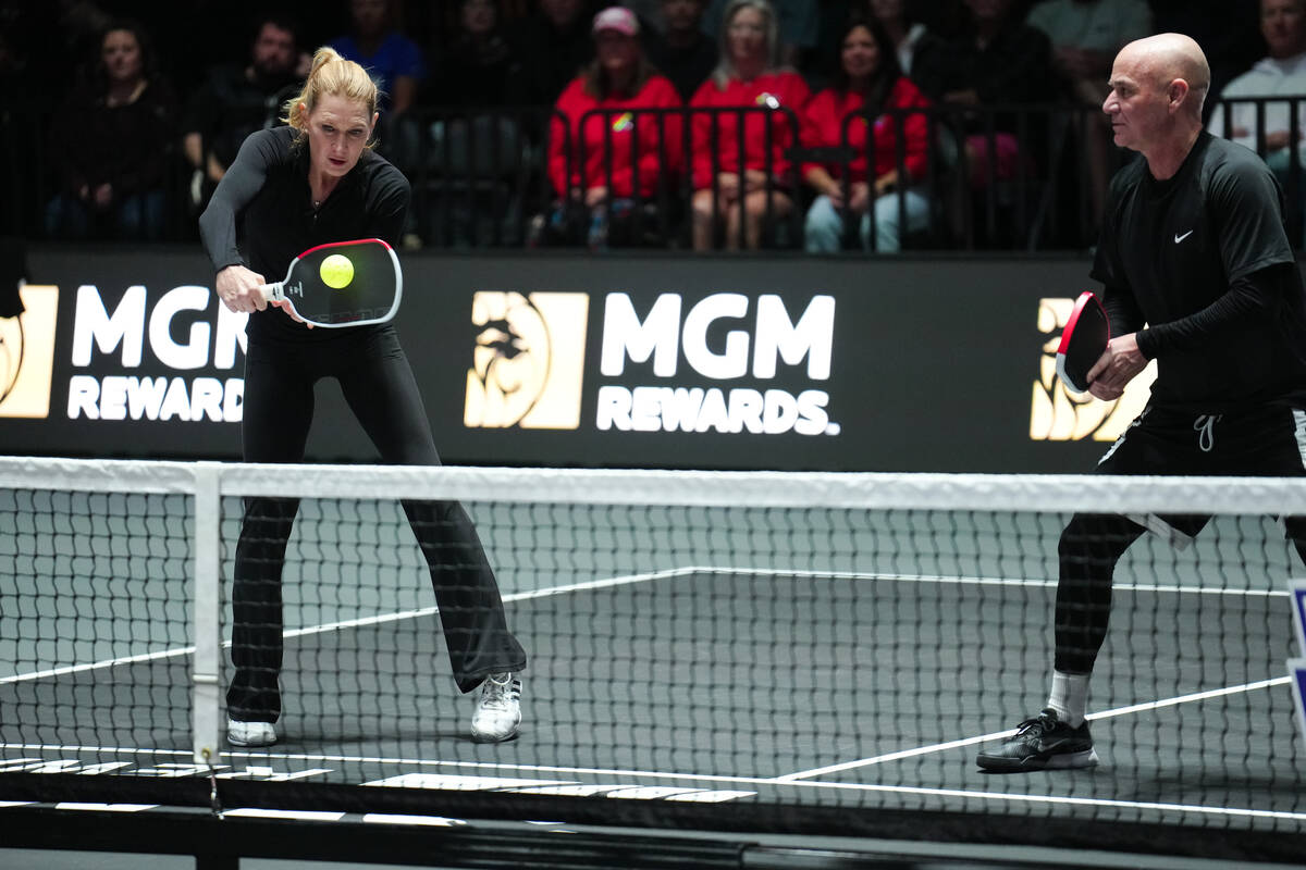 Andre Agassi and Steffi Graf are shown in Pickleball Slam 3 at Michelob Ultra Arena at Mandalay ...
