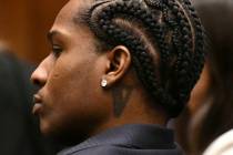 A$AP Rocky listens to closing arguments during his trial Thursday, Feb. 13, 2025, in Los Angele ...