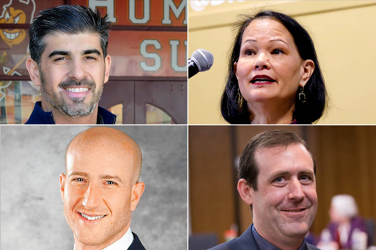 Clockwise from top left: CCSD Superintendent candidates John Anzalone, Jhone M. Ebert, Jesse We ...