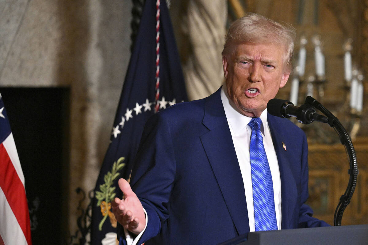 President Donald Trump speaks at Mar-a-Lago in Palm Beach, Fla., Tuesday, Feb. 18, 2025. (Pool ...