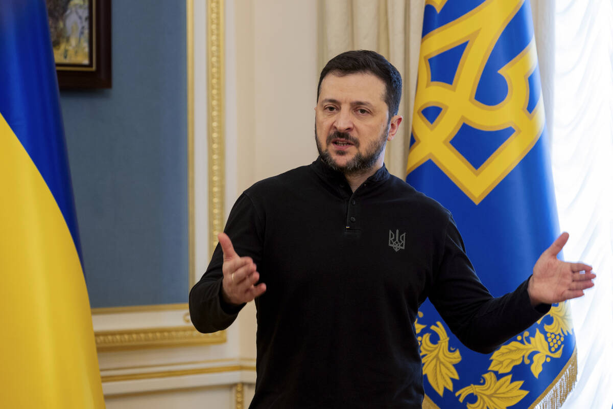 Ukraine's President Volodymyr Zelensky gives a press conference in Kyiv, Wednesday, Feb. 19, 20 ...